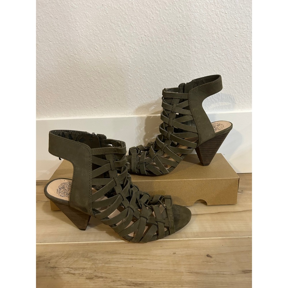 Vince Camuto Elishan Cage Sandal Dark Forest Block Heel‎ Side Zipper Size 6.5